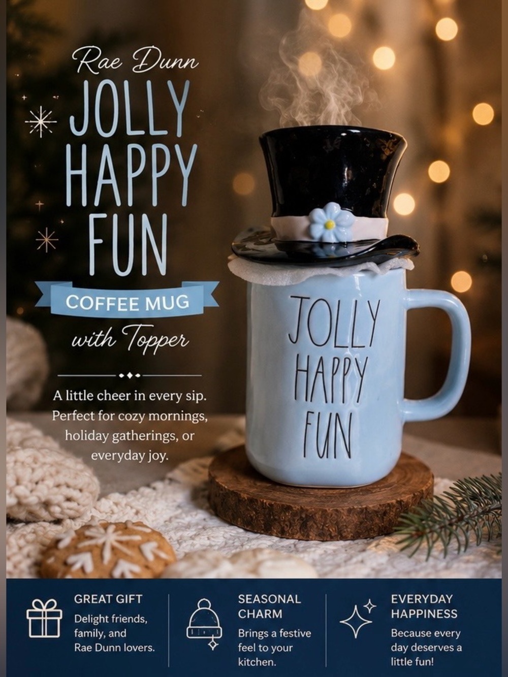 Rae Dunn JOLLY HAPPY FUN coffee mug with topper